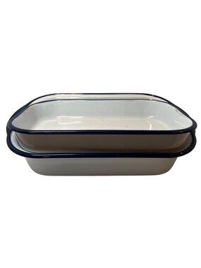 Two Enamelware Nesting Bakeware Set White Blue Rim Rectangular Roasting Pans